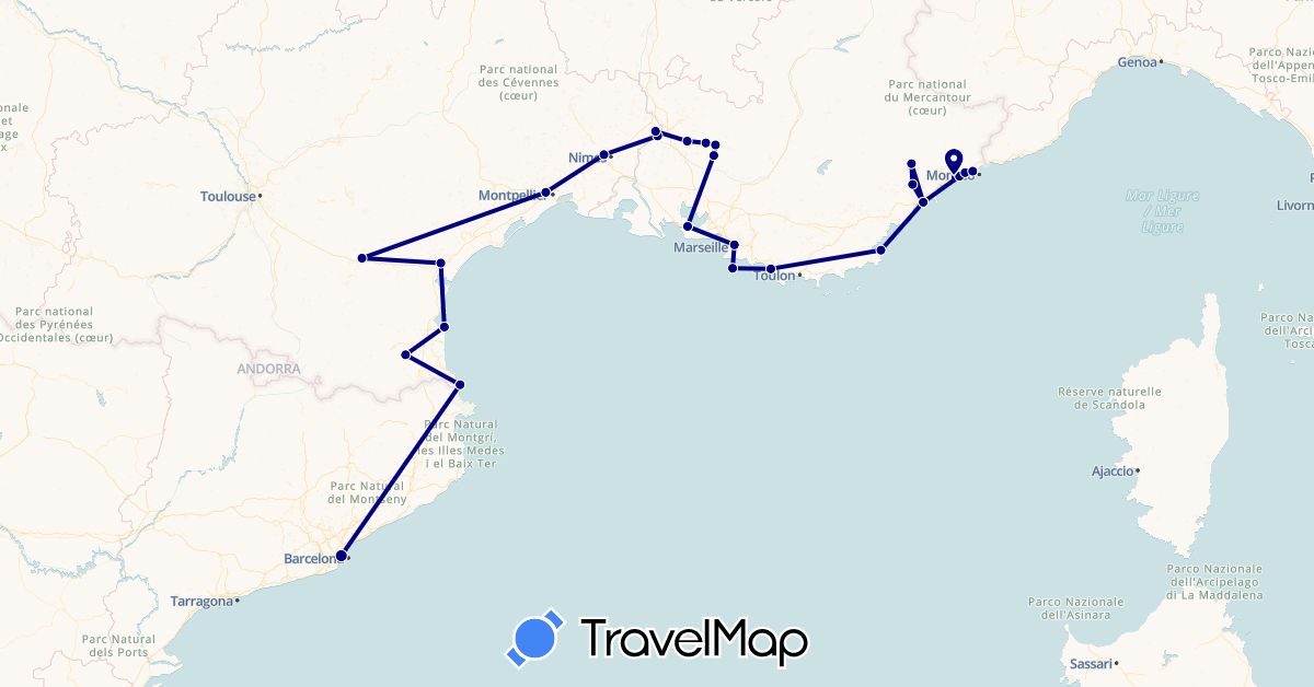 TravelMap itinerary: driving in Spain, France, Monaco (Europe)